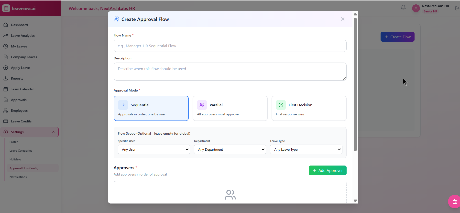 Leaveora Create Approval Flow – configure sequential, parallel or first-decision flows