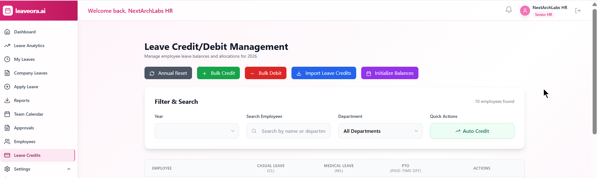 Leaveora Leave Credit/Debit Management – manage leave balances, allocations and policy controls